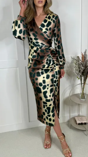 Abbey Beige & Green Leopard Print Ruched Midi Dress