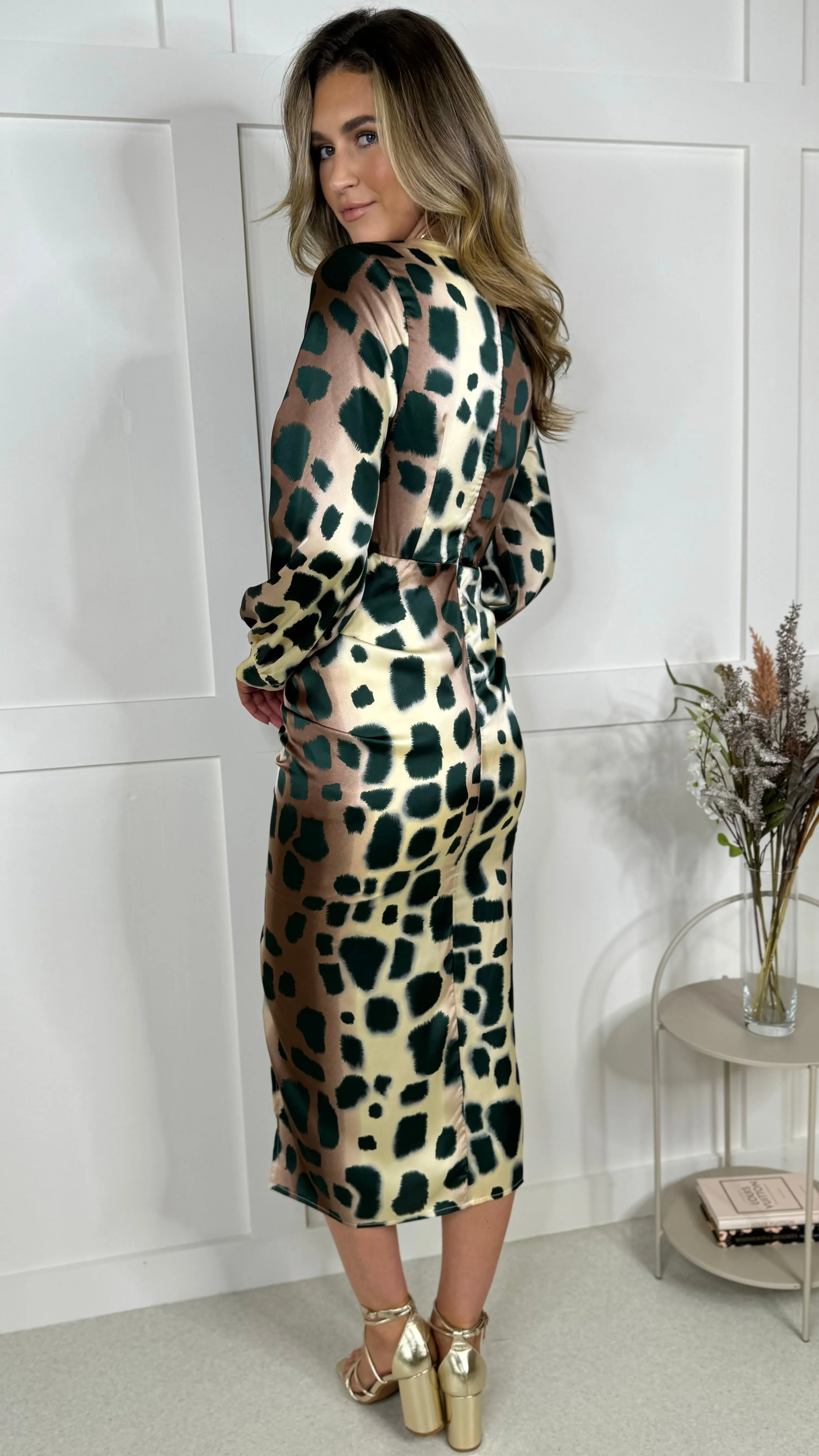 Abbey Beige & Green Leopard Print Ruched Midi Dress