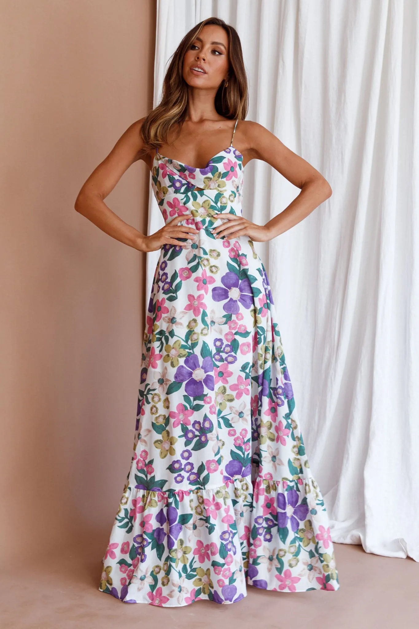 Beachside Flounce Hem Maxi Dress White Floral