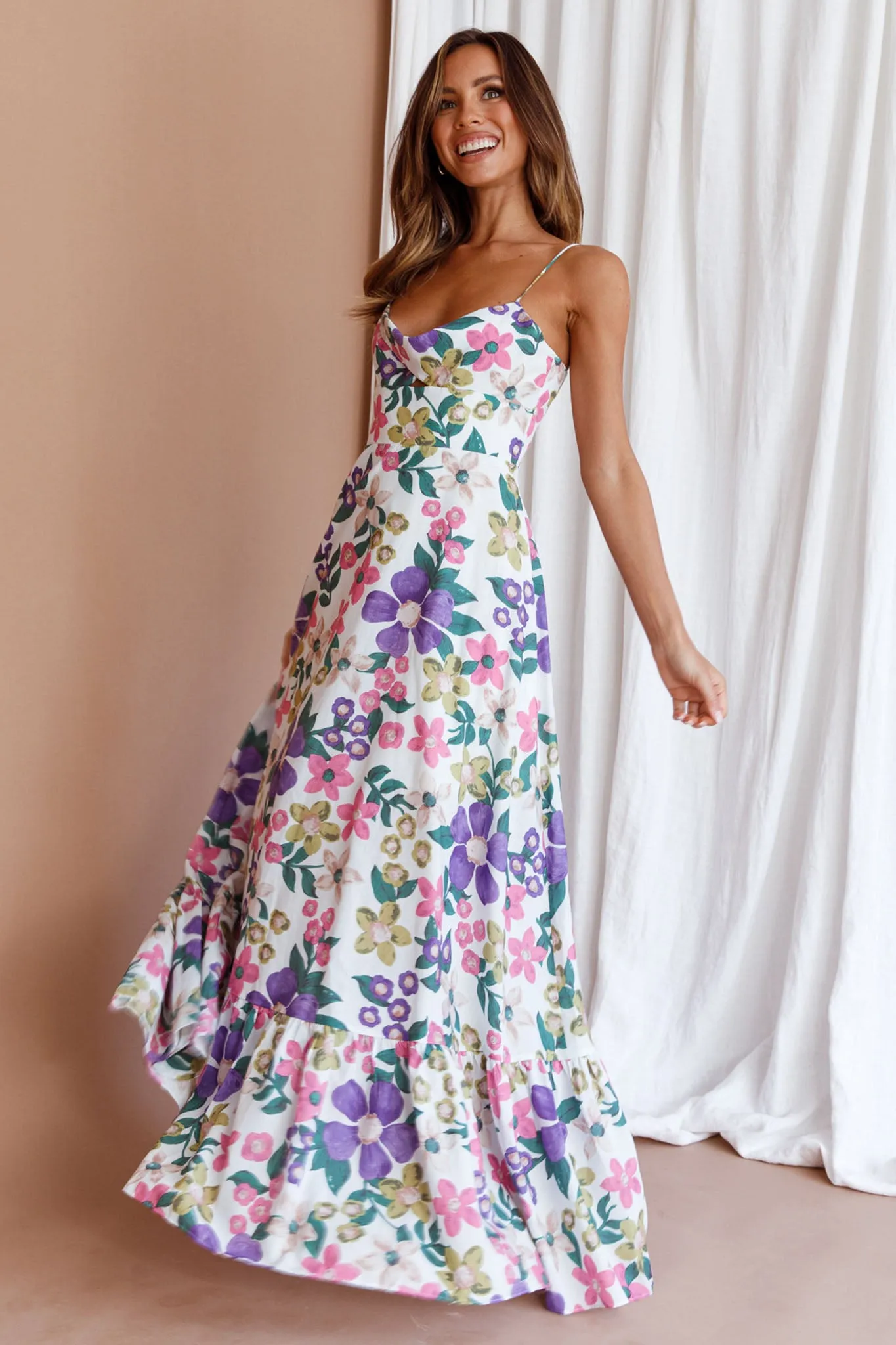 Beachside Flounce Hem Maxi Dress White Floral