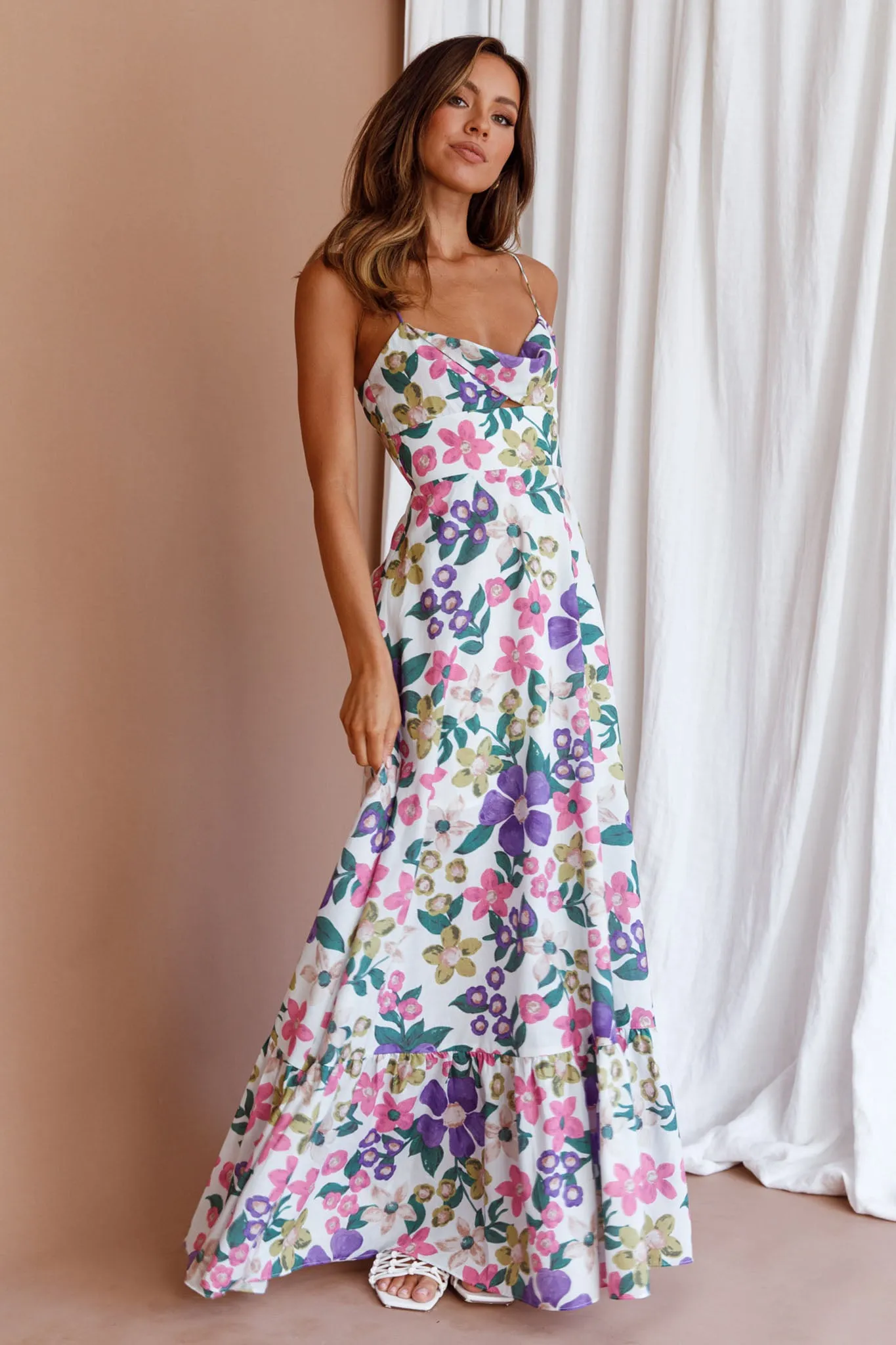 Beachside Flounce Hem Maxi Dress White Floral