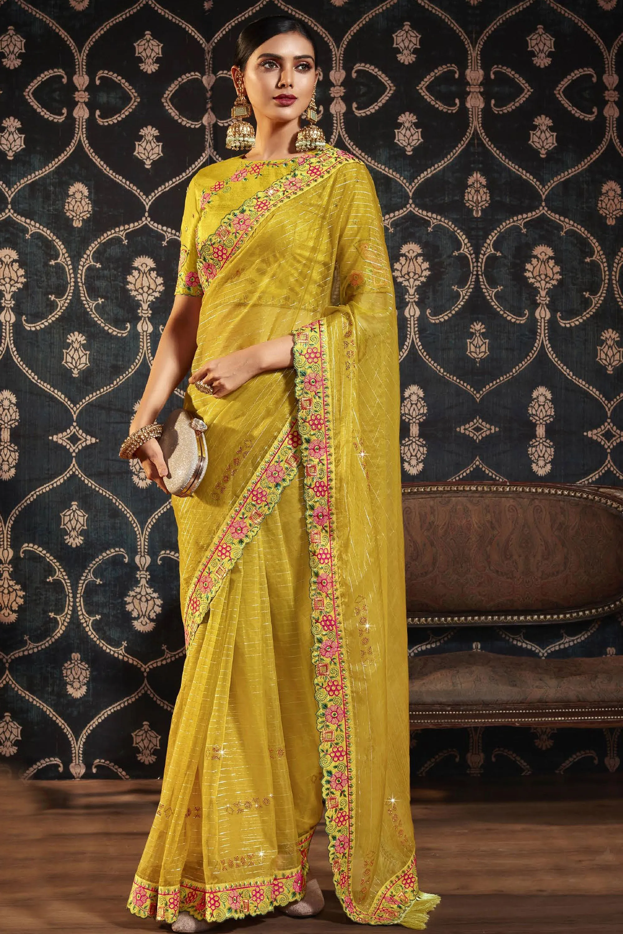 Beguiling Border Work On Yellow Color Organza Fabric Saree