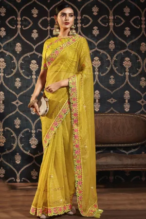 Beguiling Border Work On Yellow Color Organza Fabric Saree