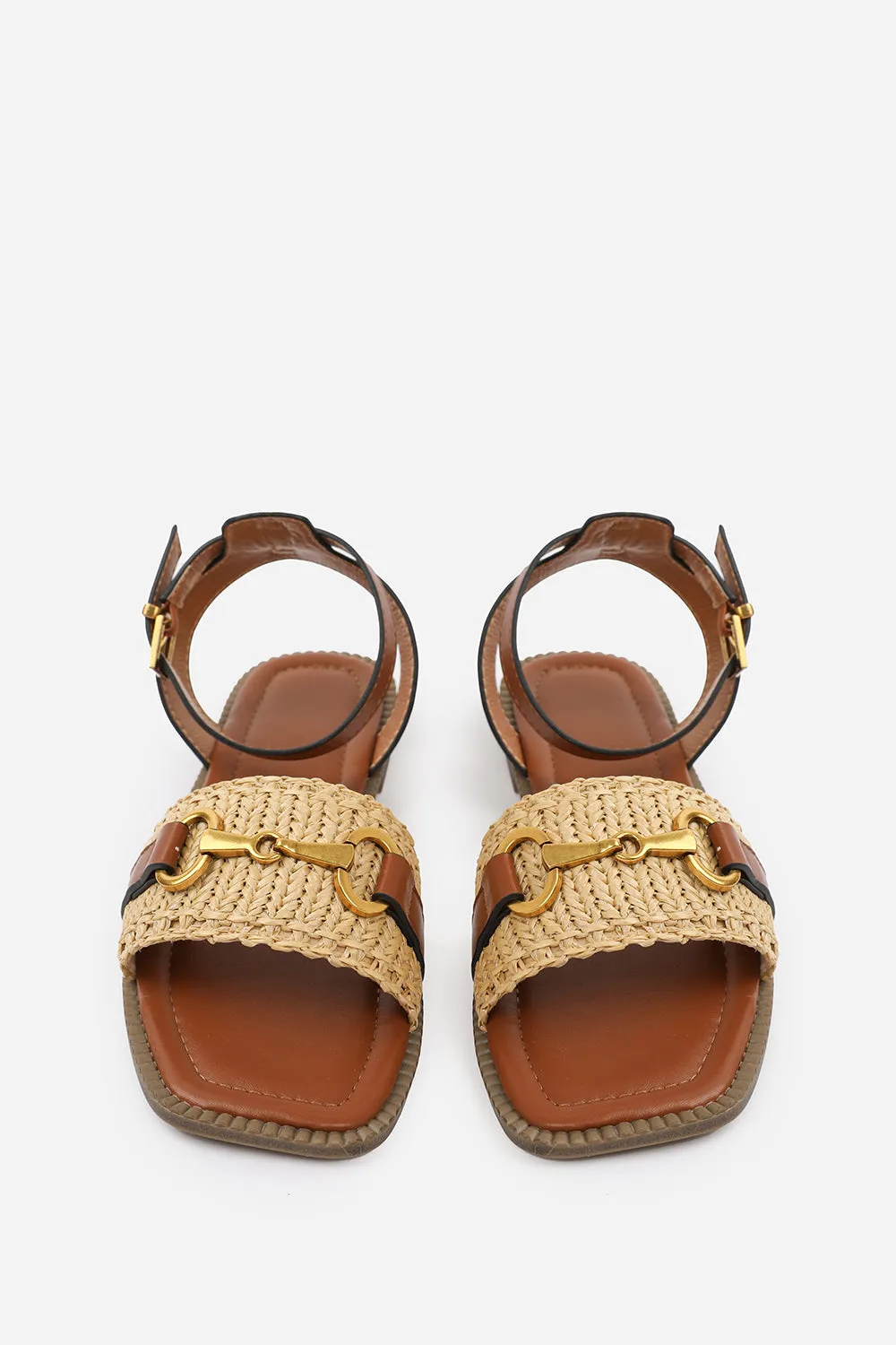 CATELYN WIDE FIT PU STRAW DETAIL STRAP SANDALS  WITH BUCKLE CLOSURE IN TAN  FAUX LEATHER