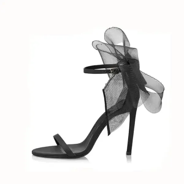 Lace Mesh Bow Open Toe Ankle Strap Thin High Heels