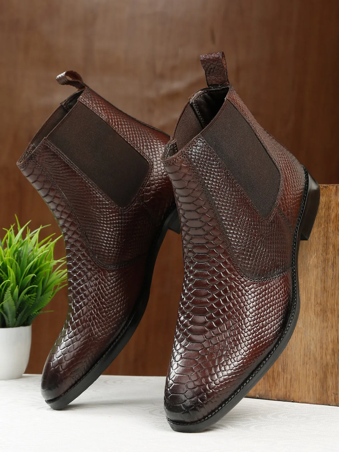 Men's Croco Texture Brown Leathers Boots