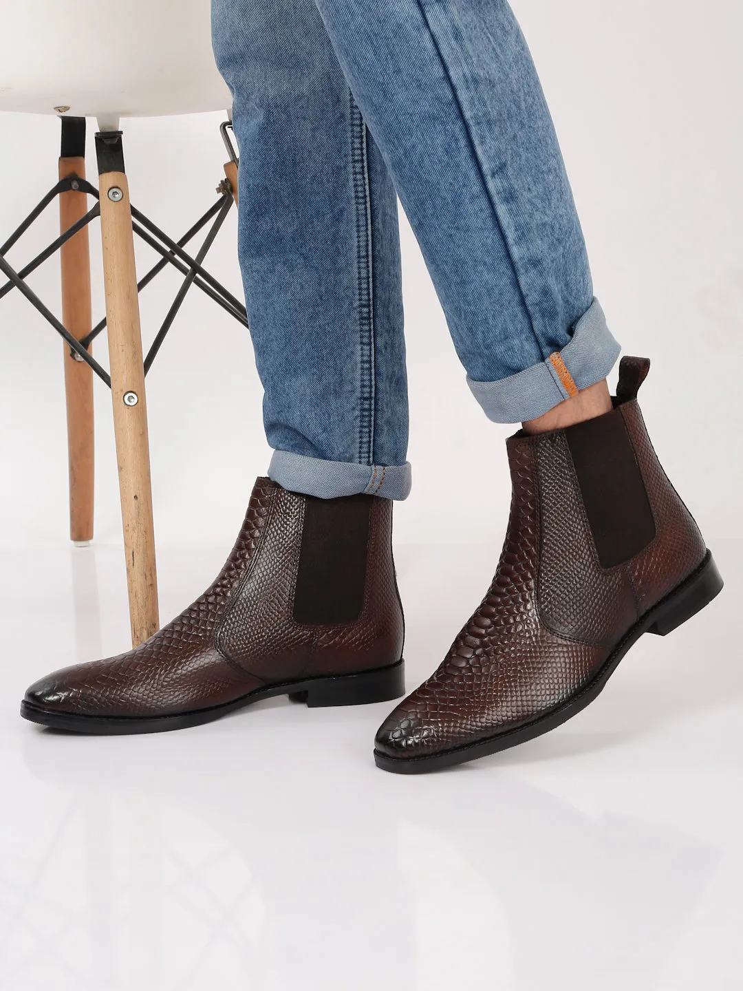 Men's Croco Texture Brown Leathers Boots