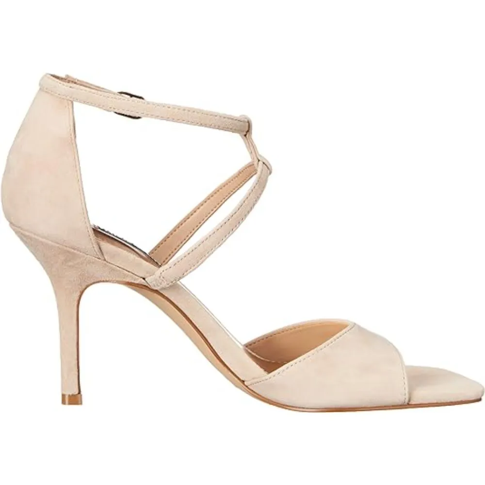 NINE WEST Women's Sighs Heeled Sandal Light Beige Suede