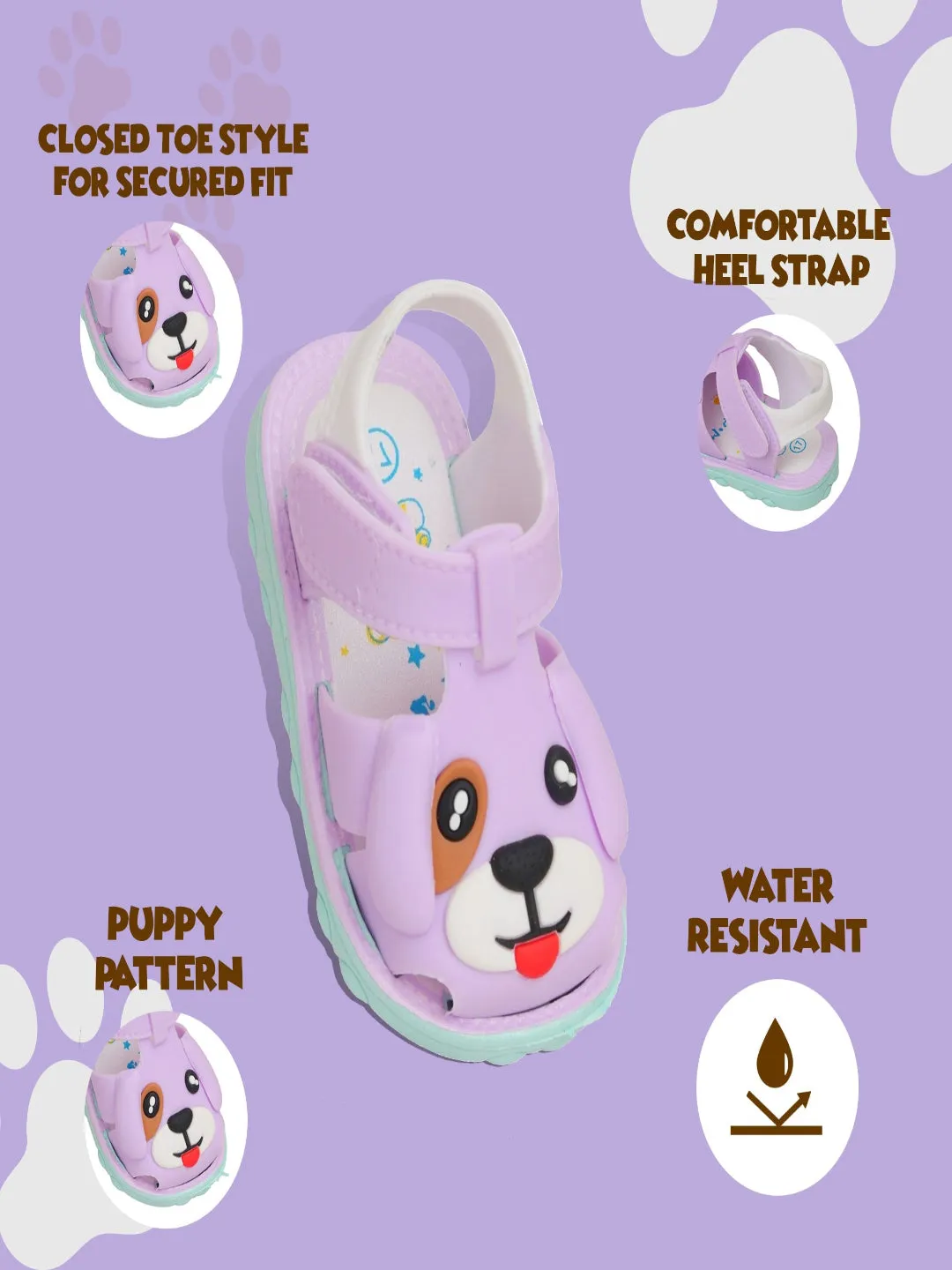 Playful Pup Purple Applique Sandals for Kids