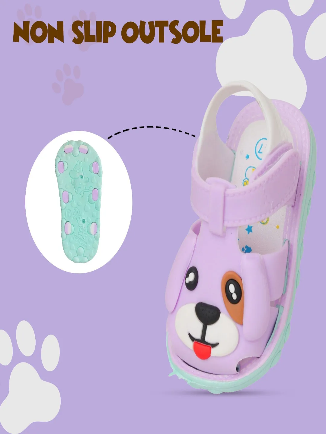Playful Pup Purple Applique Sandals for Kids