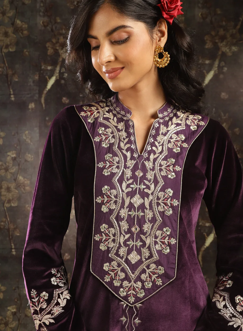 Purple Zari Work Velvet Kurta with Sequins