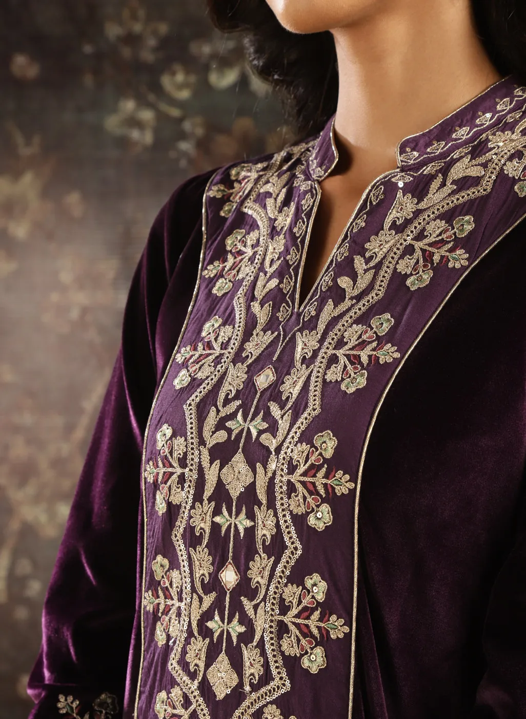 Purple Zari Work Velvet Kurta with Sequins