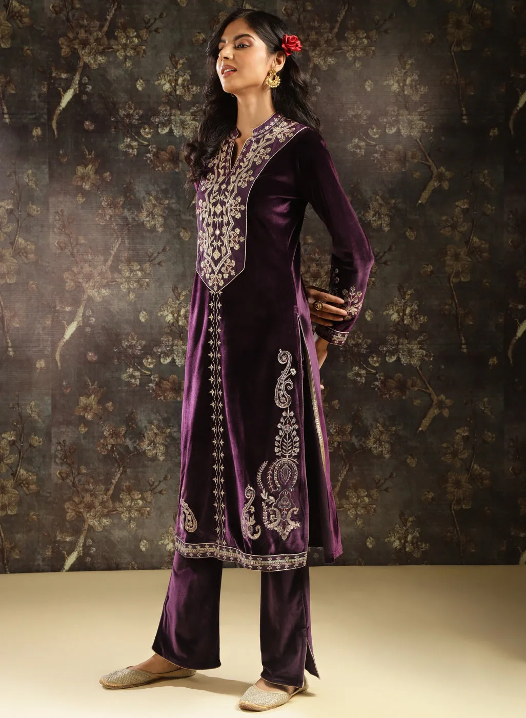 Purple Zari Work Velvet Kurta with Sequins