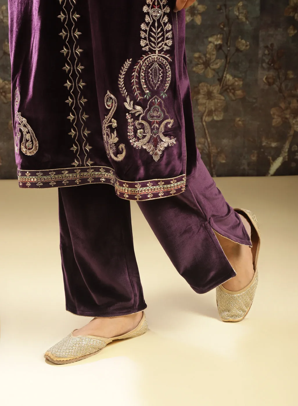 Purple Zari Work Velvet Kurta with Sequins