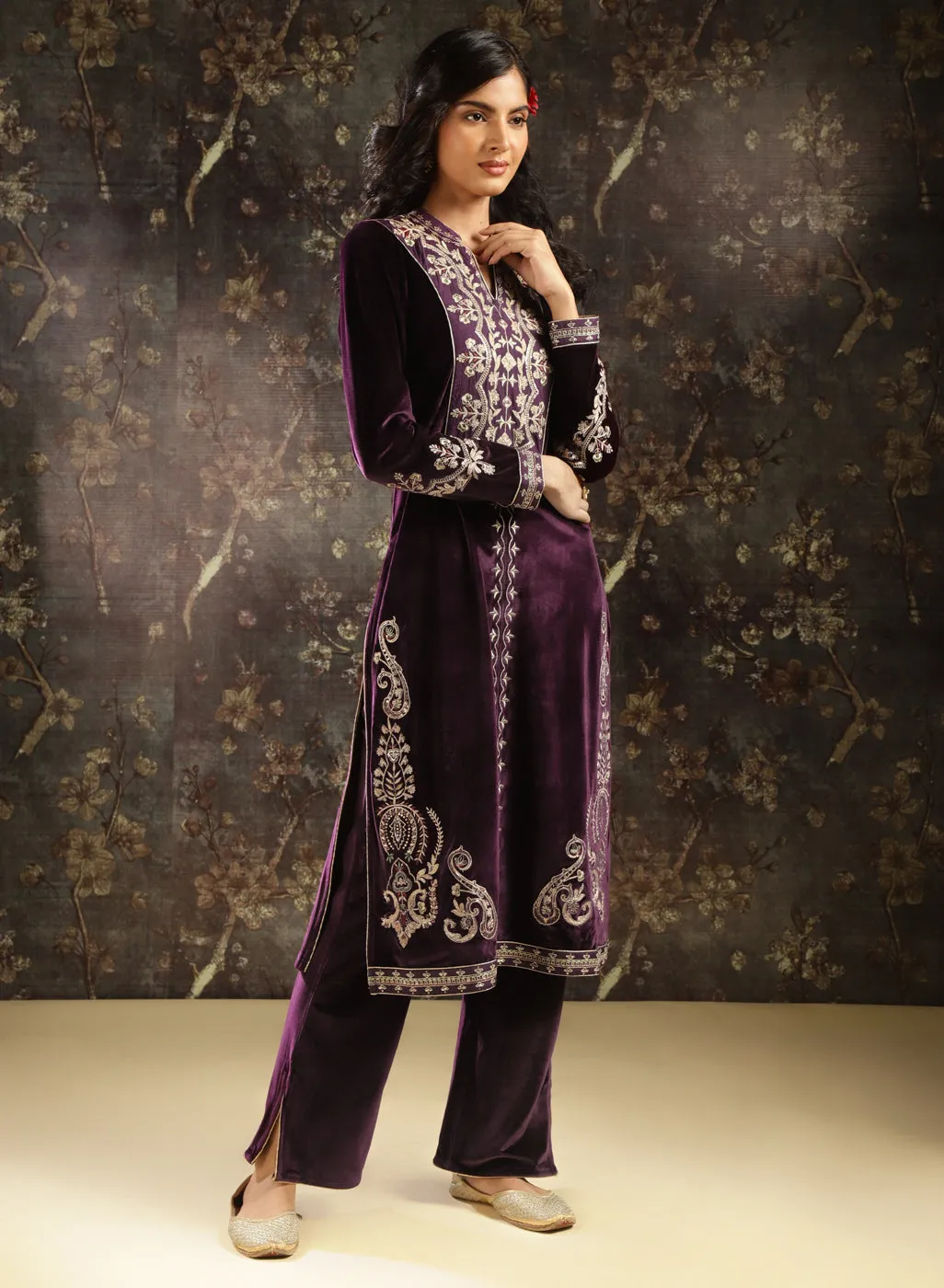 Purple Zari Work Velvet Kurta with Sequins