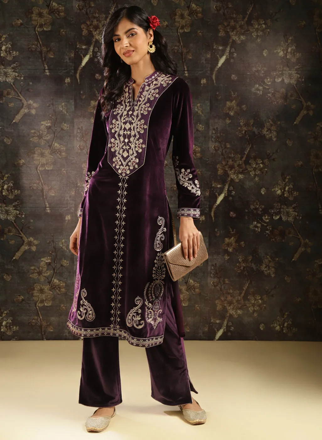 Purple Zari Work Velvet Kurta with Sequins
