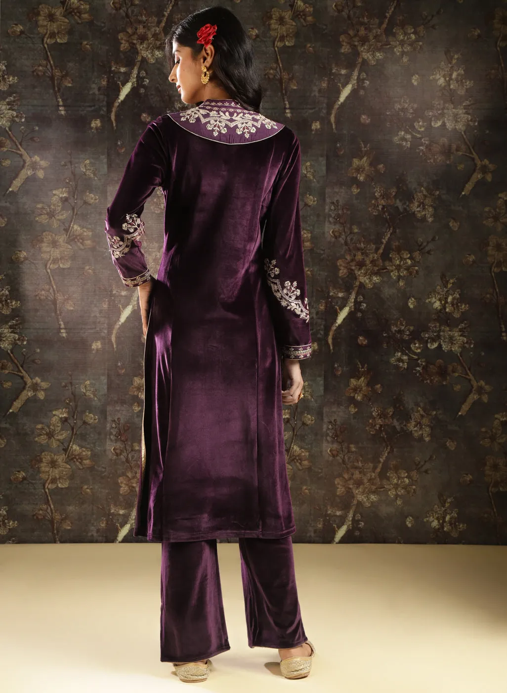 Purple Zari Work Velvet Kurta with Sequins