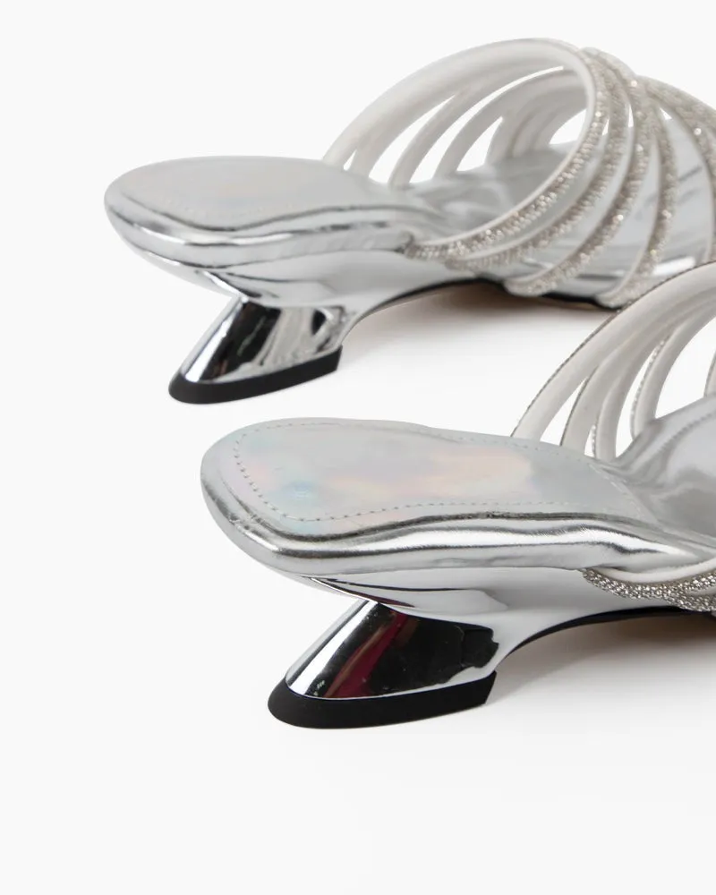 Rhinestone Open Square Toe Mid Heel Sandals