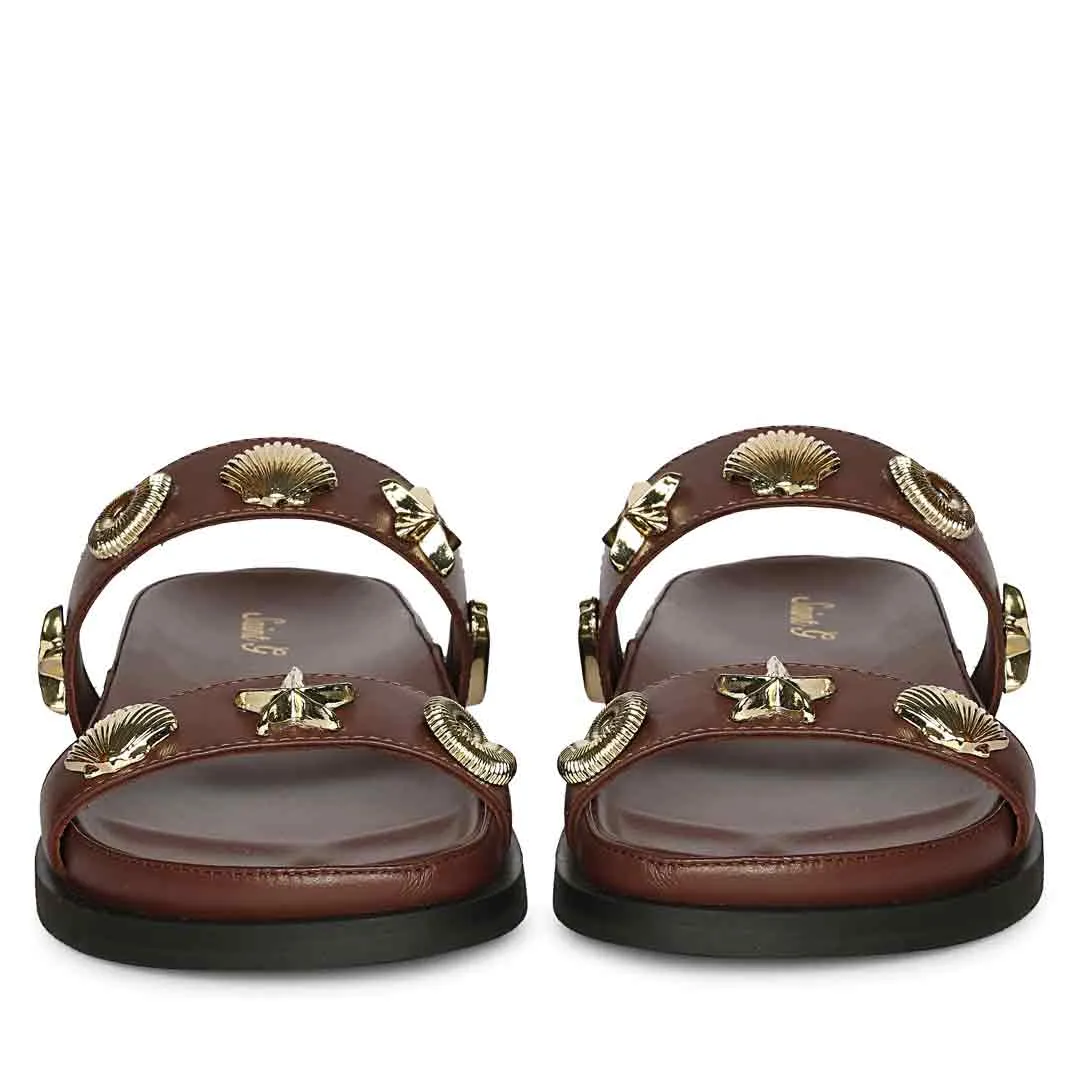 Saint Hallie Seashell & Star Studs Brown Leather Sandals