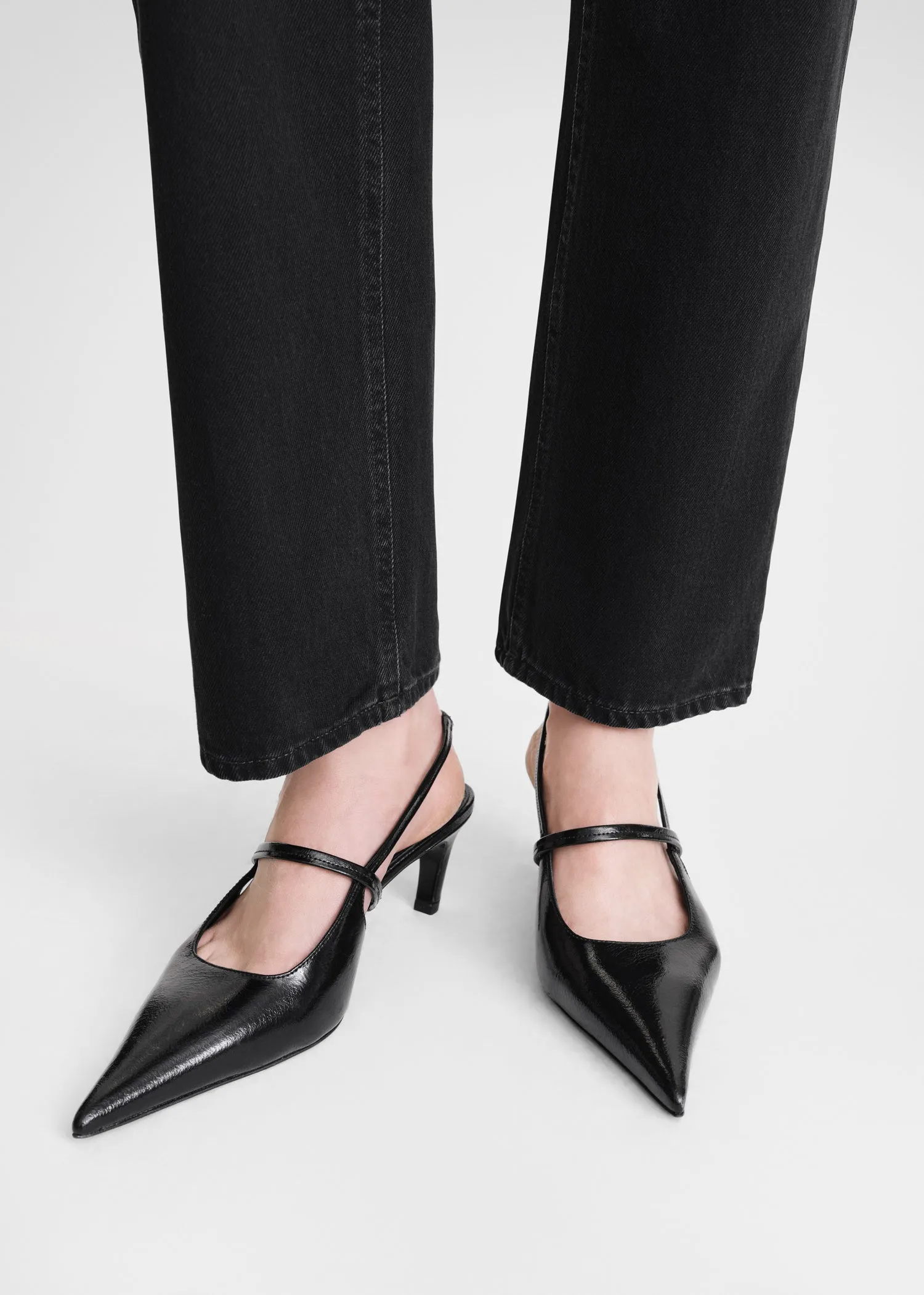 Sharp crackled-leather slingbacks black