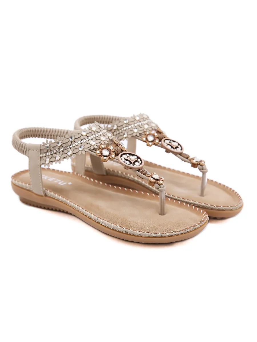 SIKETU | KHAKI FLORAL-ACCENT RHINESTONE SANDAL
