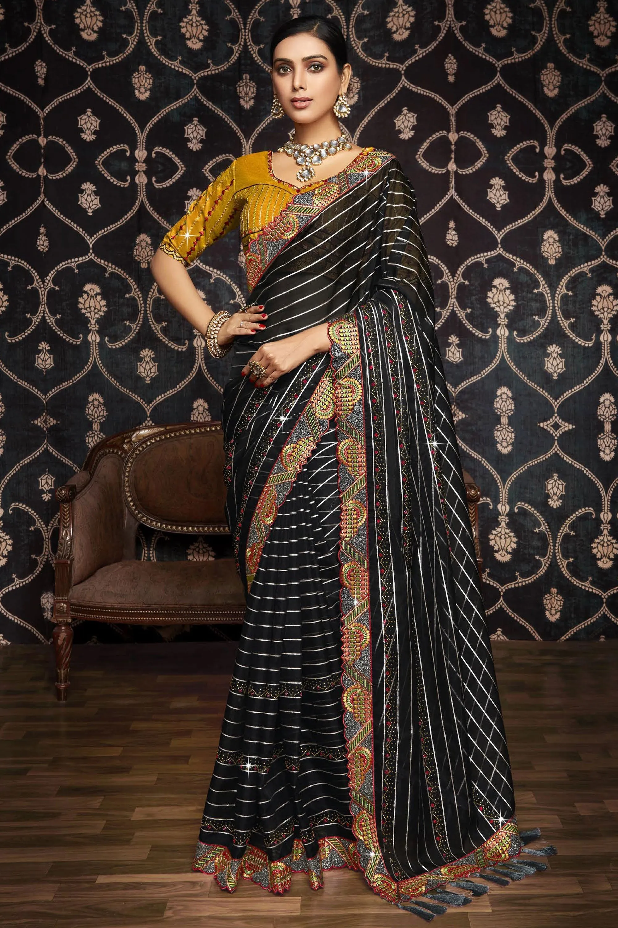 Tempting Organza Fabric Black Color Saree With Border Work